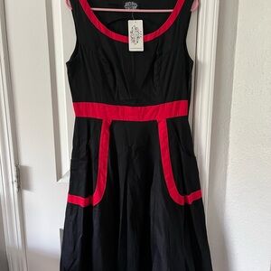Sleeveless Black Midi Dress with Red Trim